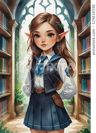 站在圖書館裡的精靈女孩，奇幻TRPG人物肖像插畫 129816586