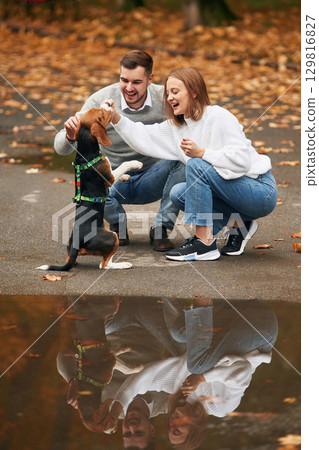 Teaching the tricks, training. Lovely couple are with their cute dog outdoors 129816827