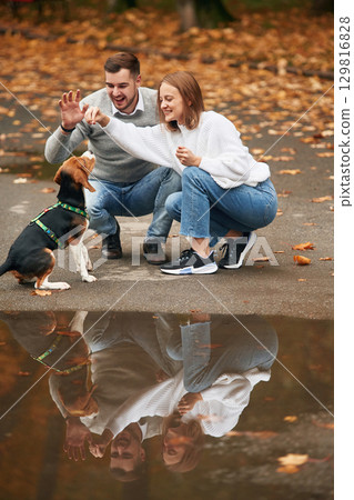 Teaching the tricks, training. Lovely couple are with their cute dog outdoors Teaching the tricks, training. Lovely couple are with their cute dog outdoors 129816828