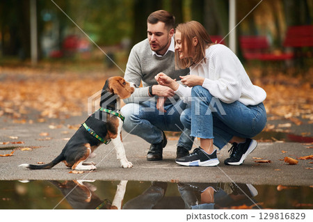 Sitting, playing with animal. Lovely couple are with their cute dog outdoors Sitting, playing with animal. Lovely couple are with their cute dog outdoors 129816829