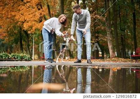 By the puddle. Lovely couple are with their cute dog outdoors By the puddle. Lovely couple are with their cute dog outdoors 129816872