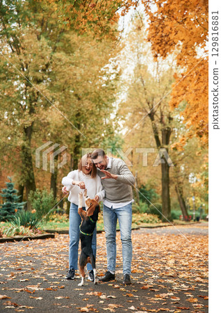 Fallen leaves are on the ground. Lovely couple are with their cute dog outdoors Fallen leaves are on the ground. Lovely couple are with their cute dog outdoors 129816881