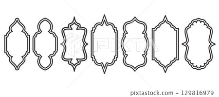 Ramadan frame shapes. Window Arabic arc outline elements. Door design with Turkish ornament. Muslim oriental sticker template. Traditional decoration set for banner and badge. 129816979