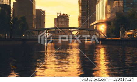 City buildings dyed in the sunset 129817124