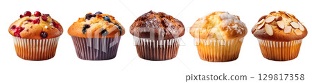 Muffin on transparent background cutout, PNG file. Many assorted different flavour,  chocolate chip, vanilla, blueberry, almond, cranberry. Mockup template for artwork design Muffin on transparent background cutout, PNG file. Many assorted different flavour,  chocolate chip, vanilla, blueberry, almond, cranberry. Mockup template for artwork design 129817358