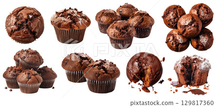 Chocolate muffin muffins on transparent background cutout, PNG file. Many assorted different design angles. Mockup template for artwork 129817360