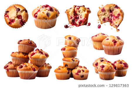 Cranberry muffin muffins on transparent background cutout, PNG file. Many assorted different design angles. Mockup template for artwork 129817363