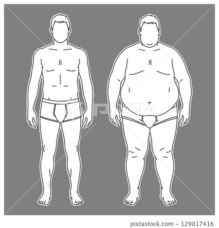 Comparison of male body types: normal and obese (front view, line drawing) 129817416