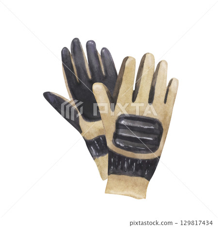 Watercolor illustration of firefighter gloves isolated on white Watercolor illustration of firefighter gloves isolated on white 129817434