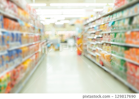 Supermarket shelf blur Background Interior Store Market Corridor Big Distribution Rack Building Grocery Shop Retail Shelves Food Mall Product Inside Hall Display Promotion, Merchandise Interior . 129817690
