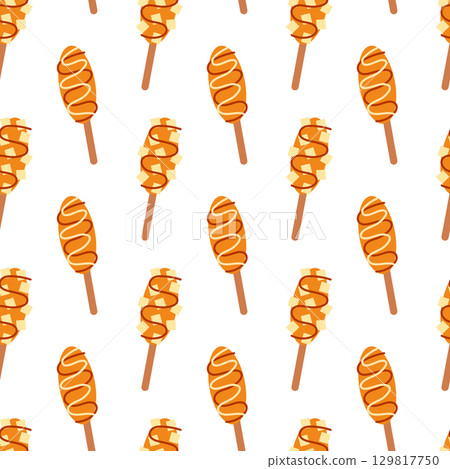 Korean food Seamless Pattern. Tteok kkochi. Hot dog. Background. Asian cuisine. Vector flat illustration. 129817750
