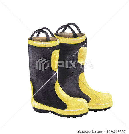 Watercolor illustration of firefighter boots isolated Watercolor illustration of firefighter boots isolated 129817832