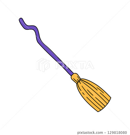 Witch broom with purple handle and yellow bristles in retro style. Hand drawn vector illustration. 129818080
