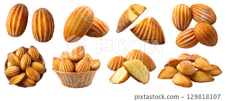French Madeleine Sponge butter shell shape little cake pastry dessert on transparent cutout, PNG file. Many assorted different angles, stack, broken, basket, pile. Mockup template for artwork design French Madeleine Sponge butter shell shape little cake pastry dessert on transparent cutout, PNG file. Many assorted different angles, stack, broken, basket, pile. Mockup template for artwork design 129818107