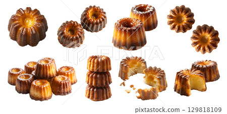 Canele small French pastry dessert on transparent cutout, PNG file. Many assorted different angles, stack, broken, top front view, pile. Mockup template for artwork design Canele small French pastry dessert on transparent cutout, PNG file. Many assorted different angles, stack, broken, top front view, pile. Mockup template for artwork design 129818109