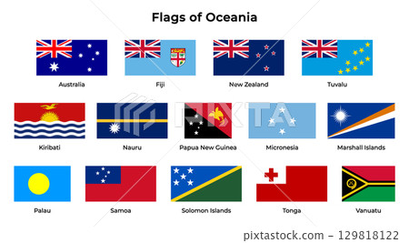 Flags of Oceanian sovereign states isolated on a transparent background. Collection of official national flags of Oceania including Australia, Fiji, New Zealand, and others. Vector EPS 10 129818122