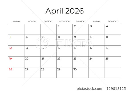 Printable Monthly Calendar template for April 2026. Week Starts on SUNDAY. Wall Calendar in a Minimalist Style. Simple and clean design. Ready to print. Vector illustration 129818125