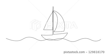 Sail boat one continuous drawing, line vector illustration. Ship in ocean 129818170