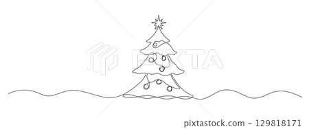 Christmas tree one continuous drawing, line vector illustration. Christmas tree one continuous drawing, line vector illustration. 129818171