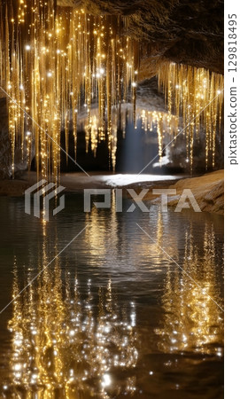 Enchanting cave with glowing light stalactites reflecting in water. 129818495