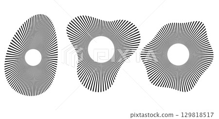 Set of concentric ripple icons with broken lines. Abstract audio wave symbols showing vibration, echo, radio signal, volume pulse, radar effect and circular sound pictogram elements. 129818517