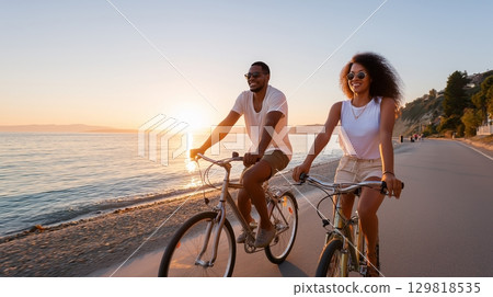 Happy african young adults biking on beach path at sunset. 129818535