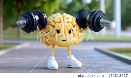 Cartoon brain lifting dumbbells in park. 129818617
