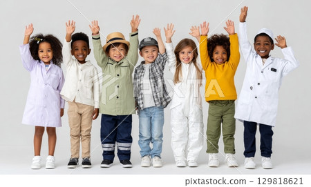 Diverse group of happy young children in various outfits showing enthusiasm. 129818621