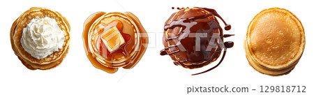 Collection of pancake stack, top view flat lay, plain, honey chocolate maple syrup, powdered icing sugar, butter, whipped cream on transparent PNG file. Many different Mockup template for design 129818712