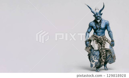 A full-body statue of the majestic blue demon standing with its legs crossed A full-body statue of the majestic blue demon standing with its legs crossed 129818928