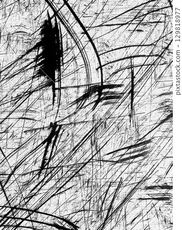 Abstract black and white lines create dynamic patterns on a textured surface in a modern art setting 129818977