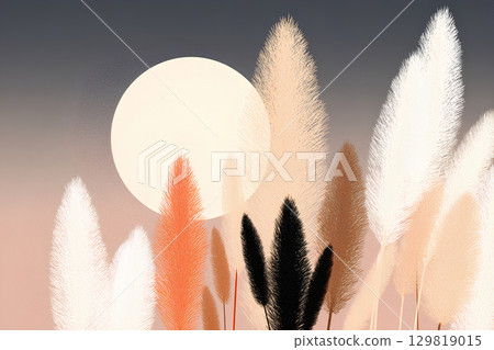 秋日風景。日本蒲葦的紋理和月亮的輪廓 秋日風景。日本蒲葦的紋理和月亮的輪廓 129819015