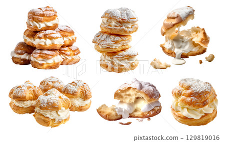 French Cream Puff, Choux pastry, Choux la bun on transparent cutout, PNG file. Many assorted different angles, stack, broken, slice, pile. Mockup template 129819016