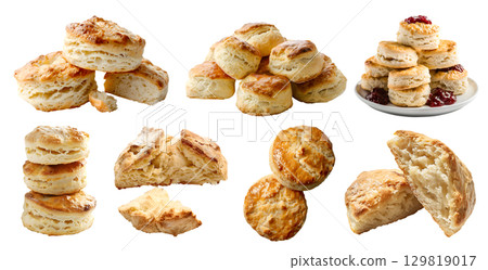 Scone biscuit bread bun on transparent cutout, PNG file. Many assorted different angles, stack, broken, pile. Mockup template for artwork Scone biscuit bread bun on transparent cutout, PNG file. Many assorted different angles, stack, broken, pile. Mockup template for artwork 129819017
