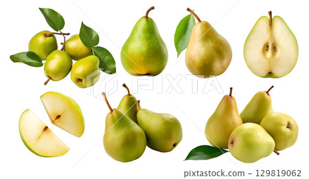 Pear pears fruit, many angles and view side top front group sliced halved cut isolated on transparent background cutout, PNG file. Mockup template 129819062