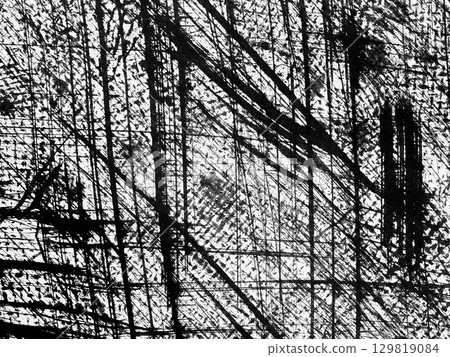 Abstract black and white design featuring intricate lines and textures created through artistic techniques on canvas 129819084