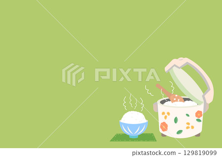Illustration of a retro floral rice cooker and a bowl of cooked rice 129819099