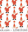 Seamless Pattern. Red Garden Gnome with flower. Vector flat illustration. 129819160