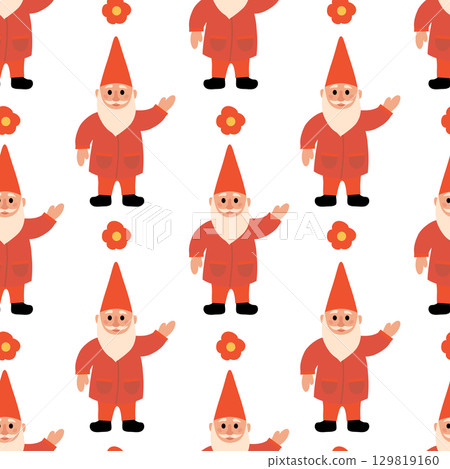 Seamless Pattern. Red Garden Gnome with flower. Vector flat illustration. Seamless Pattern. Red Garden Gnome with flower. Vector flat illustration. 129819160