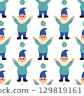Seamless Pattern. Blue Garden Gnome with flower. Vector flat illustration. 129819161