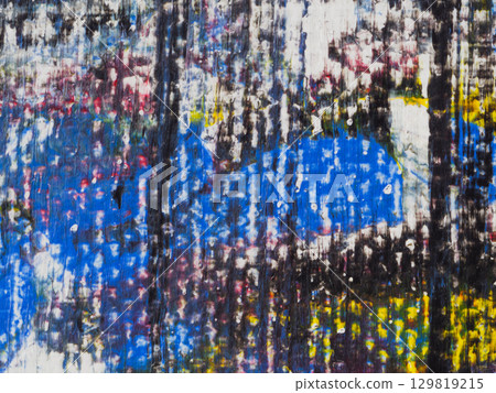 Colorful abstract art piece featuring vibrant blue and contrasting colors in a textured composition on a wooden canvas Colorful abstract art piece featuring vibrant blue and contrasting colors in a textured composition on a wooden canvas 129819215