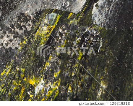 Vibrant texture of natural stone reflecting mossy hues and intricate patterns under natural light during a close-up examination 129819218