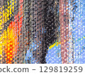Bright colors and textures blend in abstract artwork displayed at a local gallery on a sunny afternoon 129819259