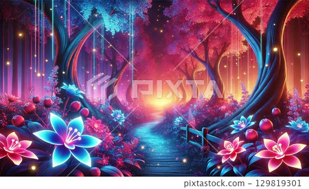 A mysterious neon forest featuring glowing paths 129819301