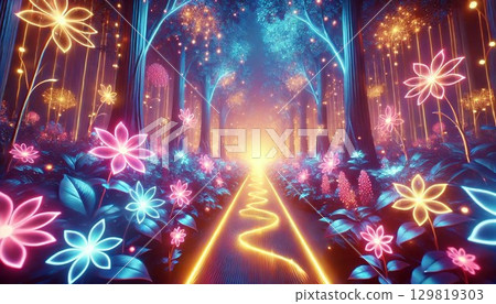 A mysterious neon forest enveloped in luminous light 129819303