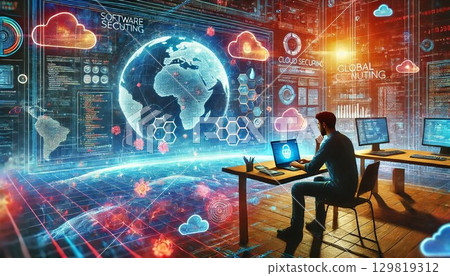 具有資料視覺化功能的現代工作空間中的電腦程式設計師 129819312