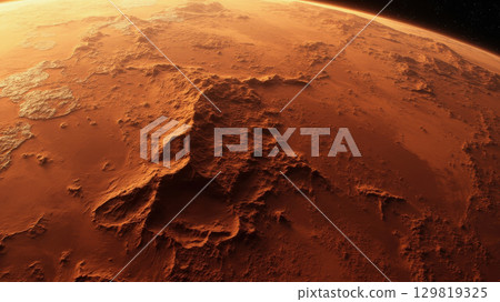 Exploration of Mars reveals a vast landscape of rugged terrain and rocky formations. Deep shadows enhance the textures, highlighting the planet's unique red surface under distant starlight Exploration of Mars reveals a vast landscape of rugged terrain and rocky formations. Deep shadows enhance the textures, highlighting the planet's unique red surface under distant starlight 129819325