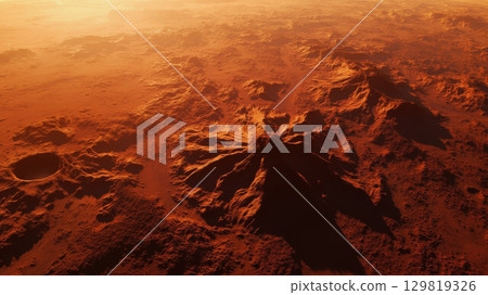 Dramatic view of the Martian landscape captured during twilight. The reddish terrain features prominent peaks, craters, and shadowed valleys, revealing the planet's geological diversity Dramatic view of the Martian landscape captured during twilight. The reddish terrain features prominent peaks, craters, and shadowed valleys, revealing the planet's geological diversity 129819326