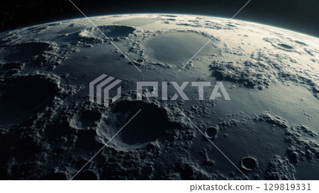 A stunning portrayal of the moon's surface, highlighting the deep craters and rugged terrain illuminated by starlight. The cosmic backdrop adds to the majestic scenery of space 129819331