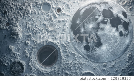 The lunar surface is depicted with numerous craters and rugged terrain illuminated by a full moon. The scene showcases the stark beauty of the moon's landscape at night 129819333
